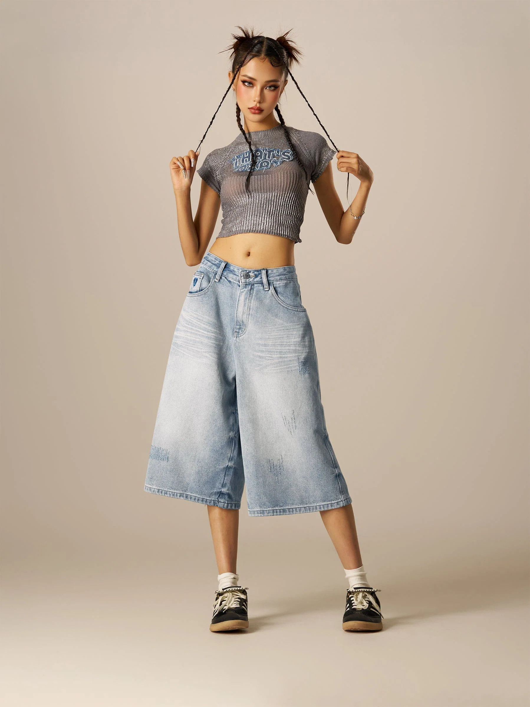 Aelfric Eden Distressed Washed Loose Longline Jorts - Image 3