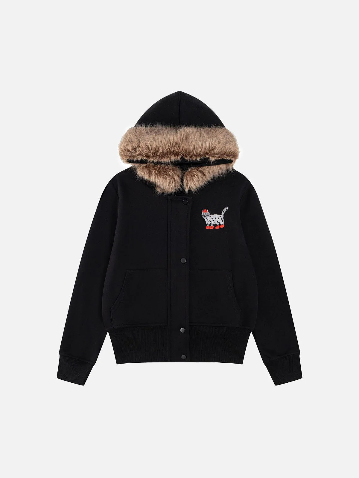 Aelfric Eden Cat Embroidery Faux Fur Collar Hoodie - Image 2