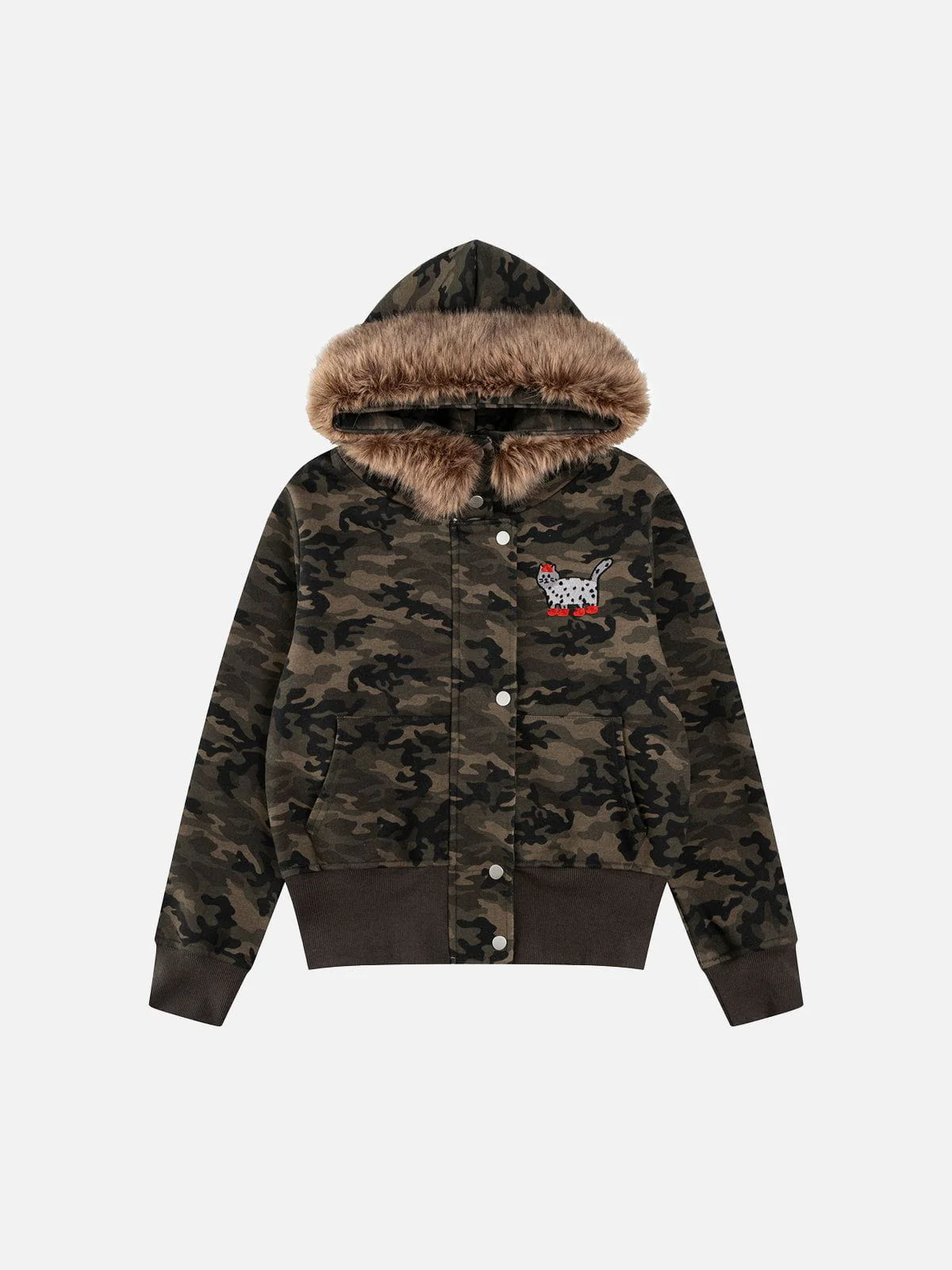 Aelfric Eden Cat Embroidery Faux Fur Collar Hoodie - Image 3